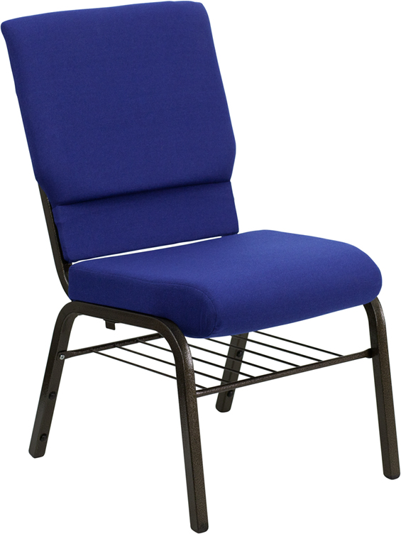 Wholesale HERCULES Series 18.5''W Church Chair in Navy Blue Fabric with Book Rack - Gold Vein Frame