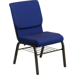 Wholesale HERCULES Series 18.5''W Church Chair in Navy Blue Patterned Fabric with Book Rack - Gold Vein Frame