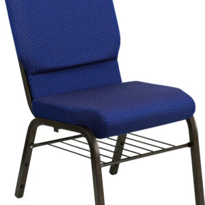 Wholesale HERCULES Series 18.5''W Church Chair in Navy Blue Patterned Fabric with Book Rack - Gold Vein Frame