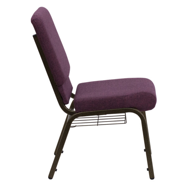 Lowest Price HERCULES Series 18.5''W Church Chair in Plum Fabric with Cup Book Rack - Gold Vein Frame