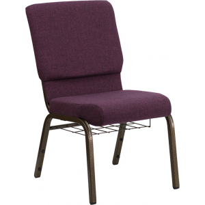 Wholesale HERCULES Series 18.5''W Church Chair in Plum Fabric with Cup Book Rack - Gold Vein Frame