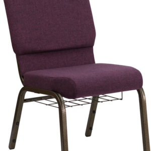 Wholesale HERCULES Series 18.5''W Church Chair in Plum Fabric with Cup Book Rack - Gold Vein Frame