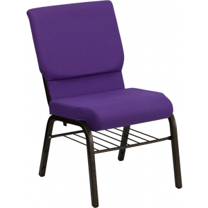 Wholesale HERCULES Series 18.5''W Church Chair in Purple Fabric with Book Rack - Gold Vein Frame