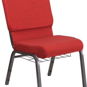 Wholesale HERCULES Series 18.5''W Church Chair in Red Fabric with Cup Book Rack - Silver Vein Frame