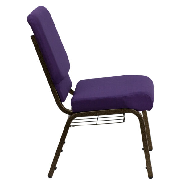 Lowest Price HERCULES Series 18.5''W Church Chair in Royal Purple Fabric with Cup Book Rack - Gold Vein Frame