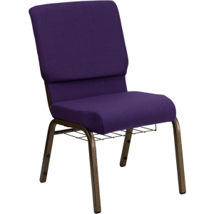 Wholesale HERCULES Series 18.5''W Church Chair in Royal Purple Fabric with Cup Book Rack - Gold Vein Frame