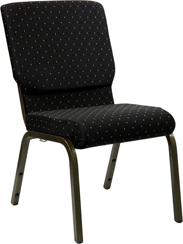 Wholesale HERCULES Series 18.5''W Stacking Church Chair in Black Dot Patterned Fabric - Gold Vein Frame