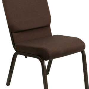 Wholesale HERCULES Series 18.5''W Stacking Church Chair in Brown Fabric - Gold Vein Frame