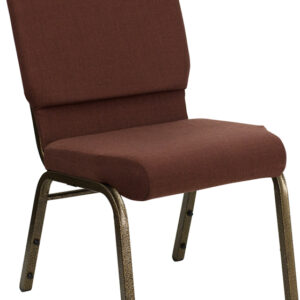 Wholesale HERCULES Series 18.5''W Stacking Church Chair in Brown Fabric - Gold Vein Frame