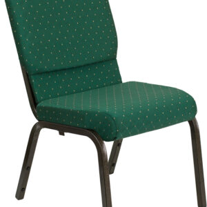 Wholesale HERCULES Series 18.5''W Stacking Church Chair in Green Patterned Fabric - Gold Vein Frame