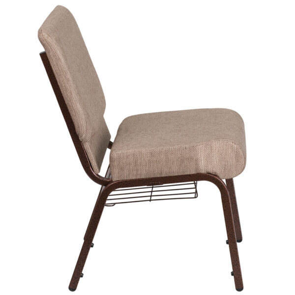 Lowest Price HERCULES Series 21''W Church Chair in Beige Fabric with Book Rack - Copper Vein Frame