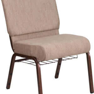 Wholesale HERCULES Series 21''W Church Chair in Beige Fabric with Book Rack - Copper Vein Frame