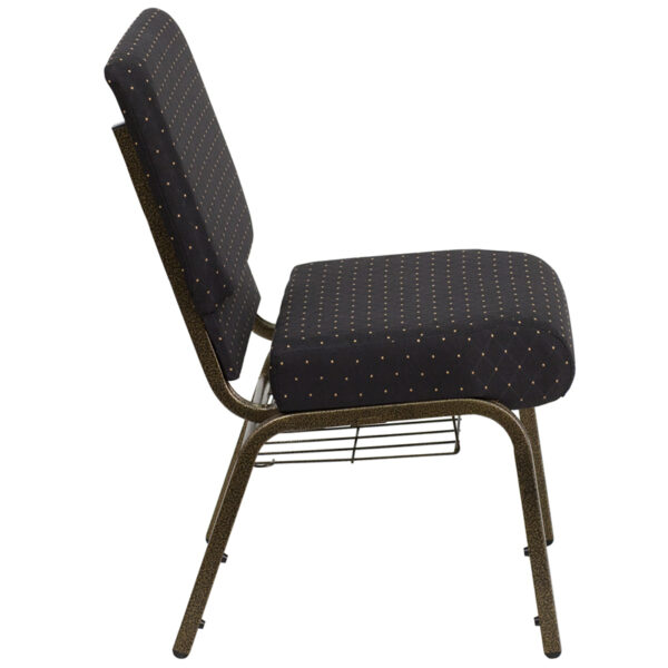Lowest Price HERCULES Series 21''W Church Chair in Black Dot Patterned Fabric with Cup Book Rack - Gold Vein Frame
