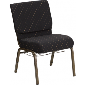Wholesale HERCULES Series 21''W Church Chair in Black Dot Patterned Fabric with Cup Book Rack - Gold Vein Frame