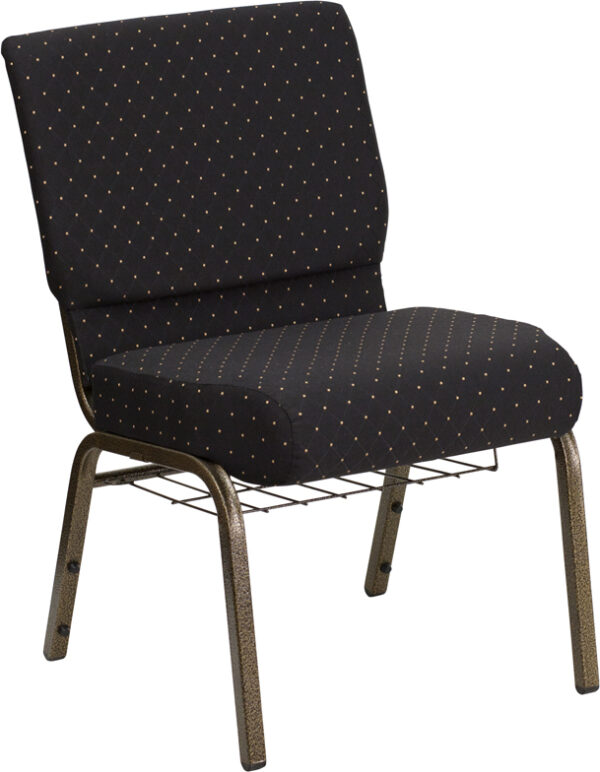Wholesale HERCULES Series 21''W Church Chair in Black Dot Patterned Fabric with Cup Book Rack - Gold Vein Frame