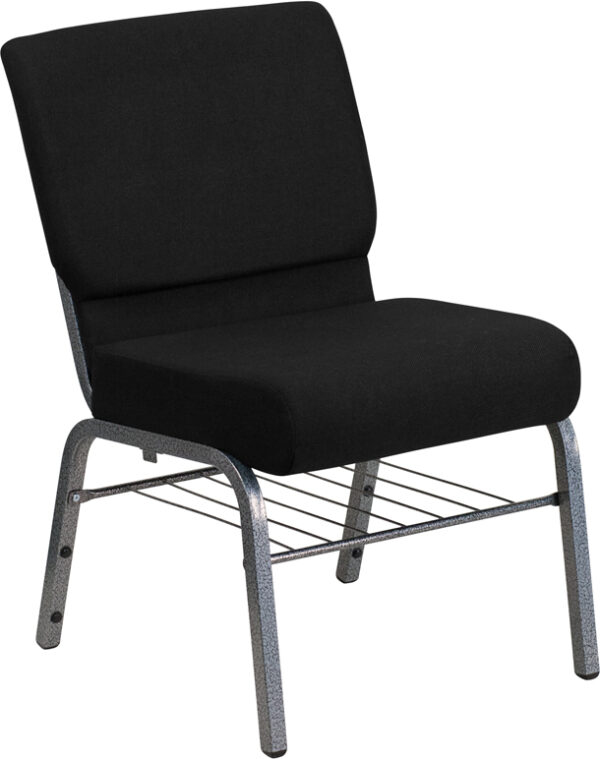 Wholesale HERCULES Series 21''W Church Chair in Black Fabric with Book Rack - Silver Vein Frame