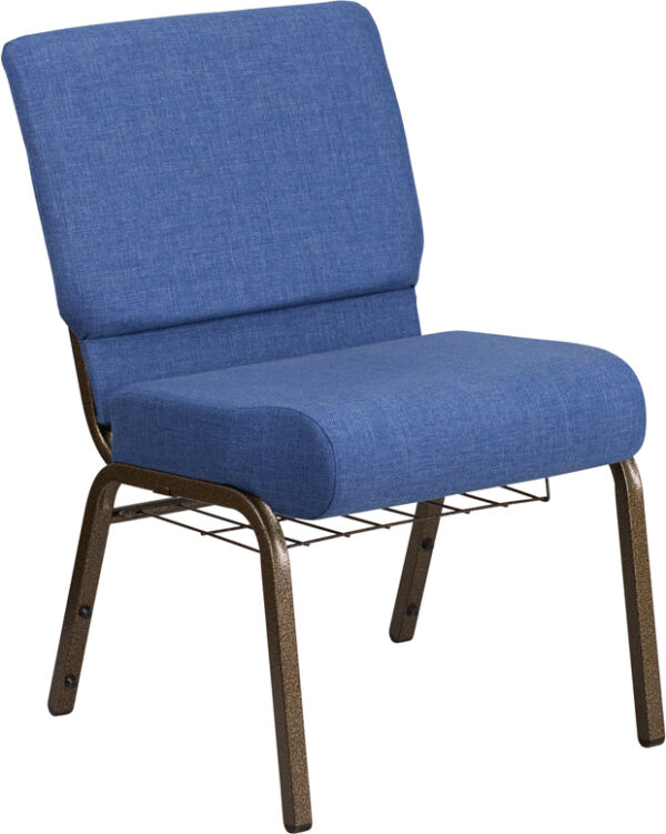 Wholesale HERCULES Series 21''W Church Chair in Blue Fabric with Cup Book Rack - Gold Vein Frame