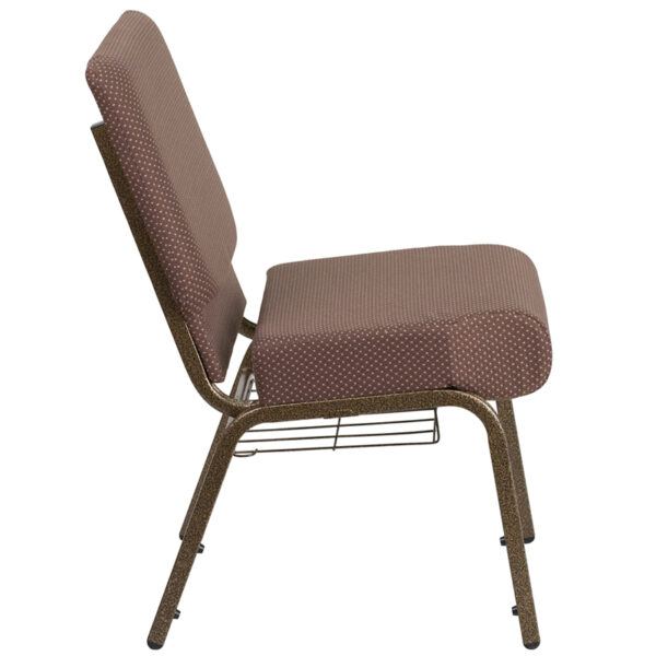 Lowest Price HERCULES Series 21''W Church Chair in Brown Dot Fabric with Book Rack - Gold Vein Frame
