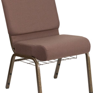 Wholesale HERCULES Series 21''W Church Chair in Brown Dot Fabric with Book Rack - Gold Vein Frame