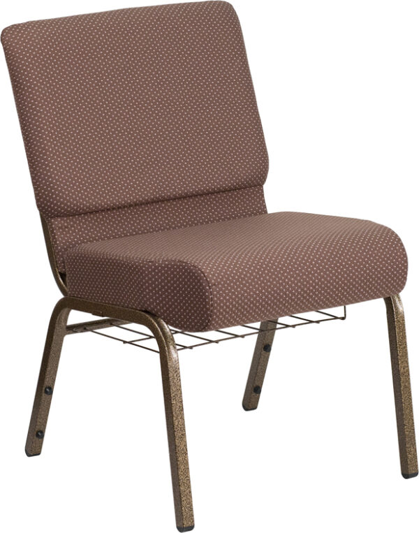 Wholesale HERCULES Series 21''W Church Chair in Brown Dot Fabric with Book Rack - Gold Vein Frame