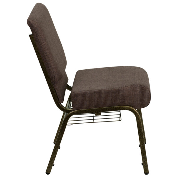 Lowest Price HERCULES Series 21''W Church Chair in Brown Fabric with Cup Book Rack - Gold Vein Frame
