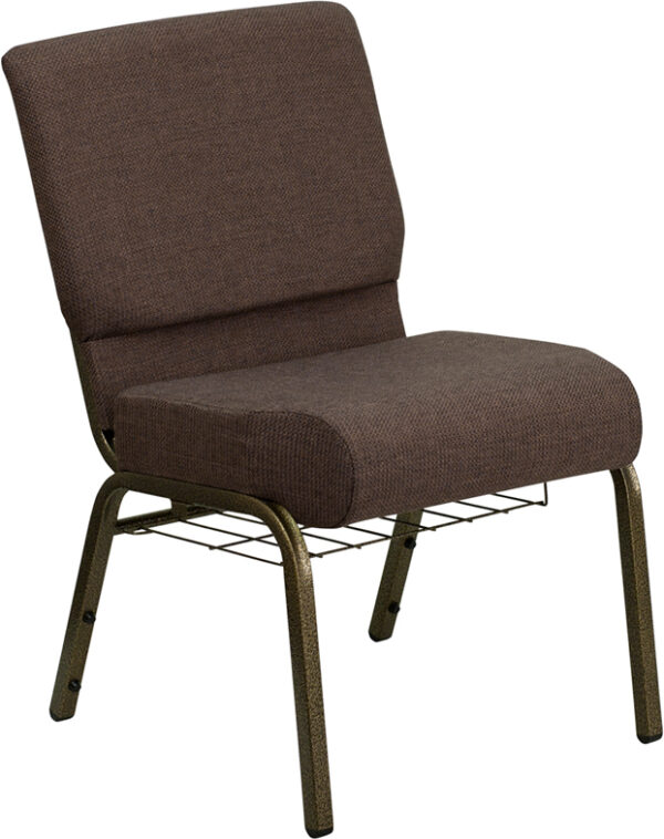 Wholesale HERCULES Series 21''W Church Chair in Brown Fabric with Cup Book Rack - Gold Vein Frame