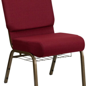 Wholesale HERCULES Series 21''W Church Chair in Burgundy Fabric with Cup Book Rack - Gold Vein Frame