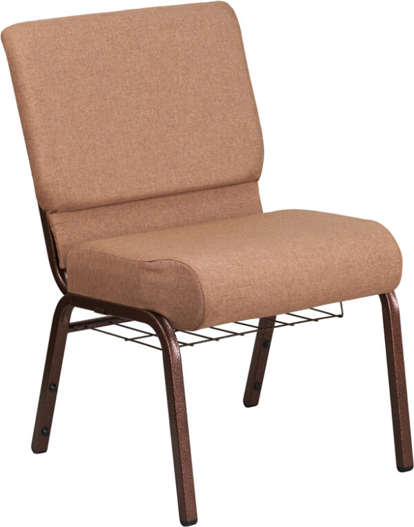 Wholesale HERCULES Series 21''W Church Chair in Caramel Fabric with Cup Book Rack - Copper Vein Frame