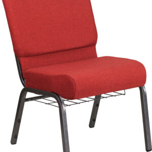 Wholesale HERCULES Series 21''W Church Chair in Crimson Fabric with Cup Book Rack - Silver Vein Frame