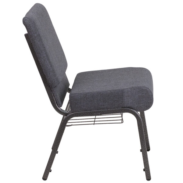 Lowest Price HERCULES Series 21''W Church Chair in Dark Gray Fabric with Book Rack - Silver Vein Frame