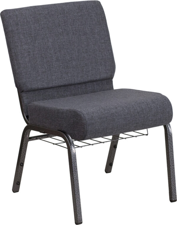 Wholesale HERCULES Series 21''W Church Chair in Dark Gray Fabric with Book Rack - Silver Vein Frame