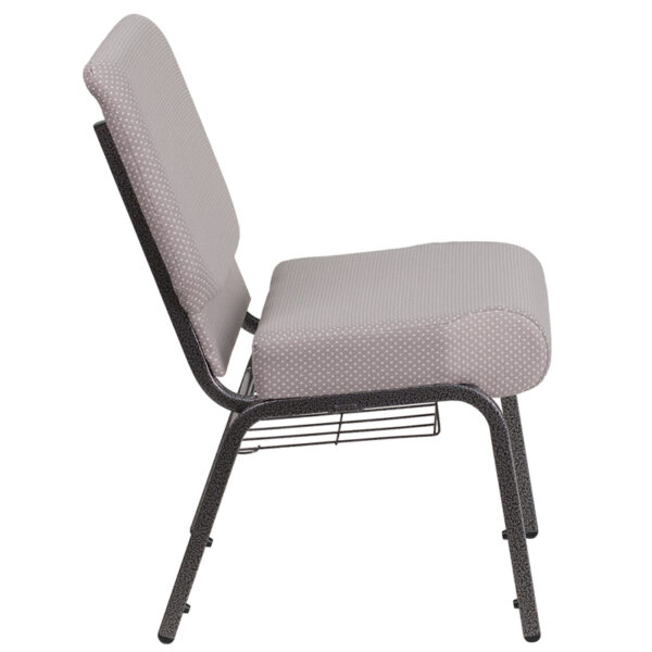 Lowest Price HERCULES Series 21''W Church Chair in Gray Dot Fabric with Book Rack - Silver Vein Frame