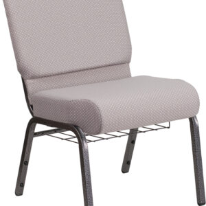 Wholesale HERCULES Series 21''W Church Chair in Gray Dot Fabric with Book Rack - Silver Vein Frame