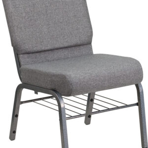 Wholesale HERCULES Series 21''W Church Chair in Gray Fabric with Book Rack - Silver Vein Frame