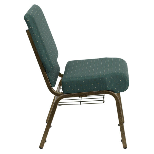 Lowest Price HERCULES Series 21''W Church Chair in Hunter Green Dot Patterned Fabric with Book Rack - Gold Vein Frame