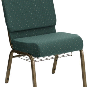 Wholesale HERCULES Series 21''W Church Chair in Hunter Green Dot Patterned Fabric with Book Rack - Gold Vein Frame