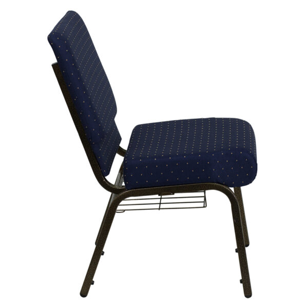 Lowest Price HERCULES Series 21''W Church Chair in Navy Blue Dot Patterned Fabric with Book Rack - Gold Vein Frame