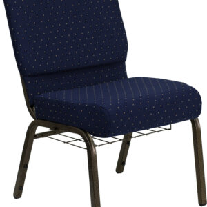 Wholesale HERCULES Series 21''W Church Chair in Navy Blue Dot Patterned Fabric with Book Rack - Gold Vein Frame