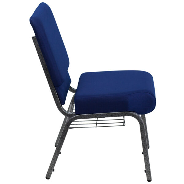 Lowest Price HERCULES Series 21''W Church Chair in Navy Blue Fabric with Cup Book Rack - Silver Vein Frame