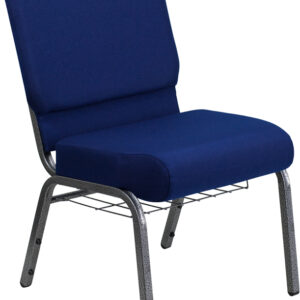 Wholesale HERCULES Series 21''W Church Chair in Navy Blue Fabric with Cup Book Rack - Silver Vein Frame