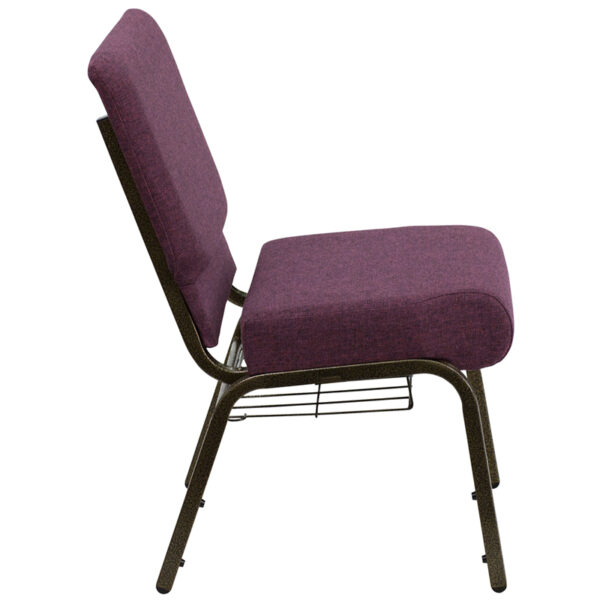 Lowest Price HERCULES Series 21''W Church Chair in Plum Fabric with Cup Book Rack - Gold Vein Frame