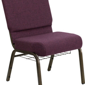 Wholesale HERCULES Series 21''W Church Chair in Plum Fabric with Cup Book Rack - Gold Vein Frame
