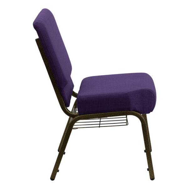 Lowest Price HERCULES Series 21''W Church Chair in Royal Purple Fabric with Cup Book Rack - Gold Vein Frame