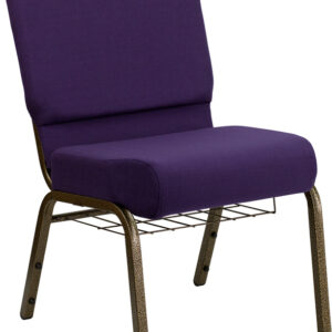 Wholesale HERCULES Series 21''W Church Chair in Royal Purple Fabric with Cup Book Rack - Gold Vein Frame