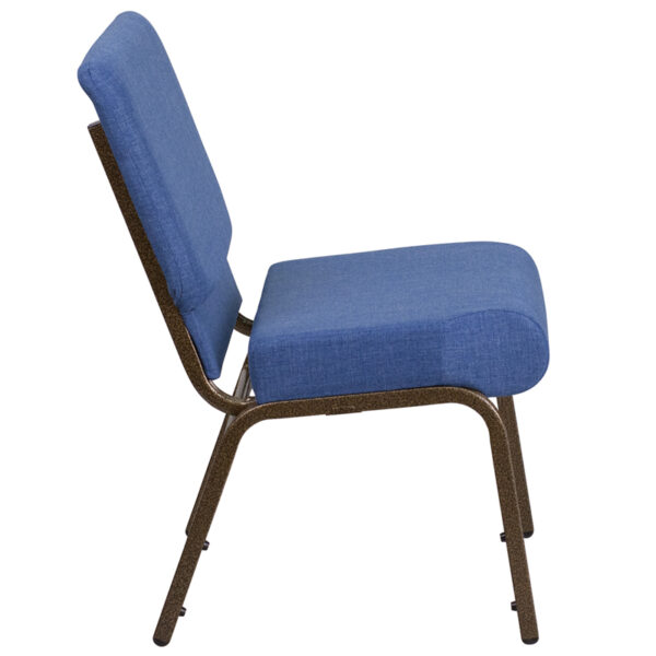 Lowest Price HERCULES Series 21''W Stacking Church Chair in Blue Fabric - Gold Vein Frame