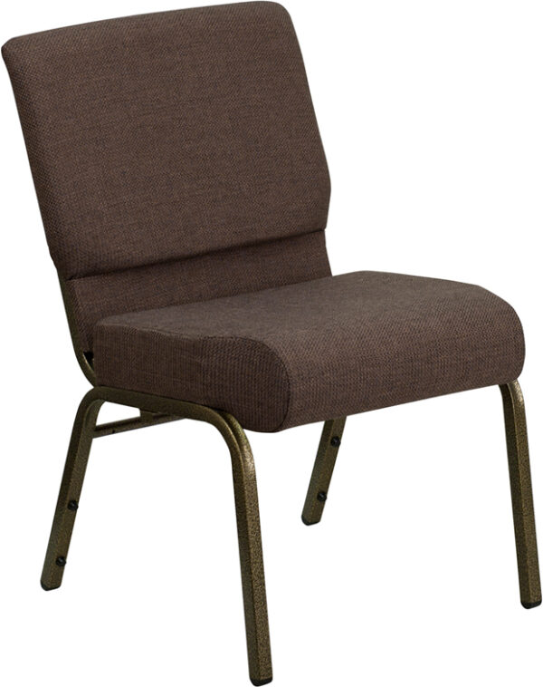 Wholesale HERCULES Series 21''W Stacking Church Chair in Brown Fabric - Gold Vein Frame