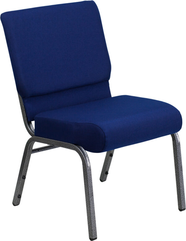 Wholesale HERCULES Series 21''W Stacking Church Chair in Navy Blue Fabric - Silver Vein Frame
