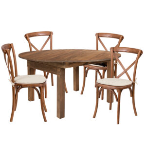 Wholesale HERCULES Series 60" Round Solid Pine Folding Farm Dining Table Set with 4 Cross Back Chairs and Cushions