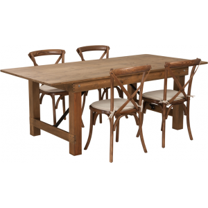 Wholesale HERCULES Series 7' x 40'' Antique Rustic Folding Farm Table Set with 4 Cross Back Chairs and Cushions
