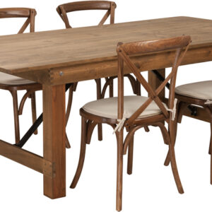 Wholesale HERCULES Series 7' x 40'' Antique Rustic Folding Farm Table Set with 4 Cross Back Chairs and Cushions